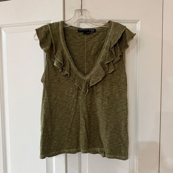 Veronica Beard Ellerie T-Shirt Tee Green Ruffle V-Neck Slub Cap Sleeve SZ L - Picture 1 of 7